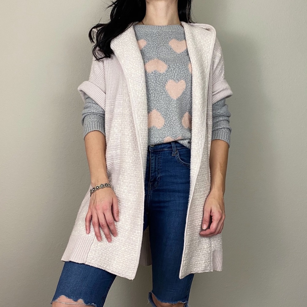 Intermix Rolled Sleeve Pink/White Ribbed Hooded Cardigan